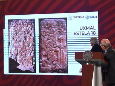 Así es la estela dual hallada durante las excavaciones para la construcción del Tren Maya
