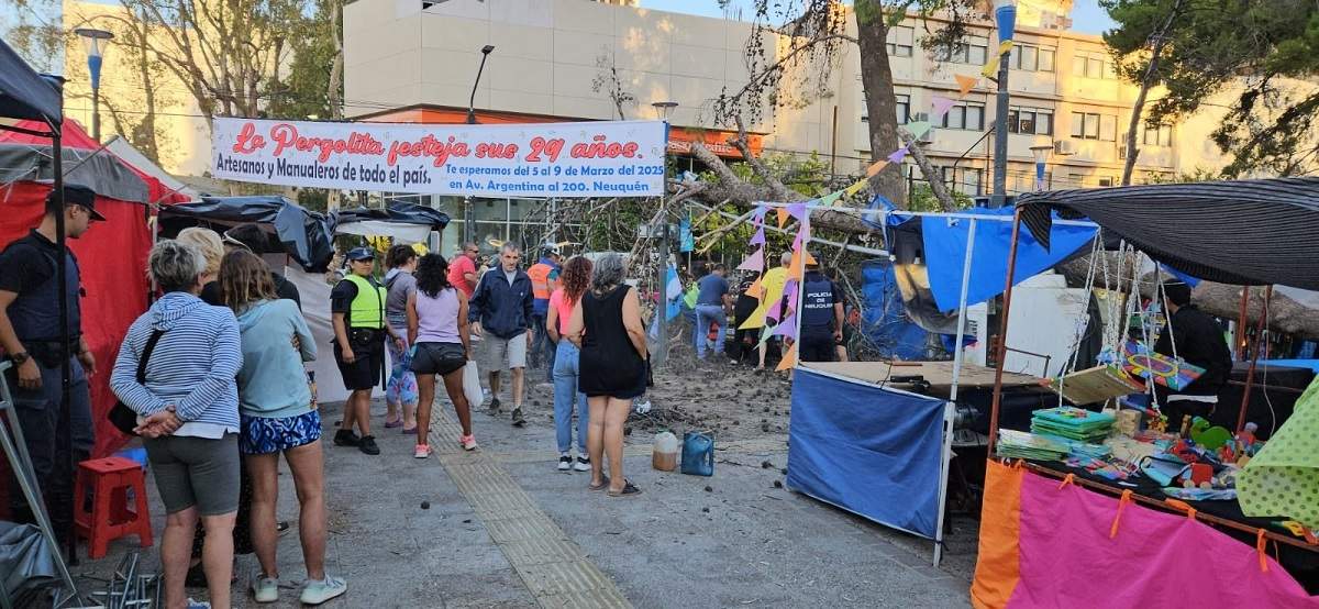 La caída del pino causó pánico en la feria La Pergolita. Fuente: (Minuto Neuquén)