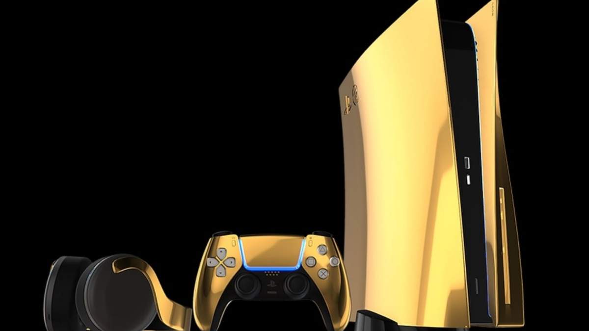 PlayStation 5 recubierta de oro. Fuente: (Twitter)