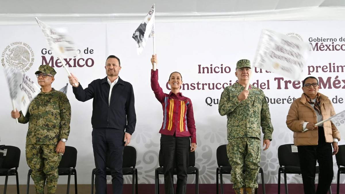 Sheinbaum, acompañada del gobernador panista de Querétaro, Mauricio Kuri, dio el banderazo al arranque de obras del tren México-Querétaro.