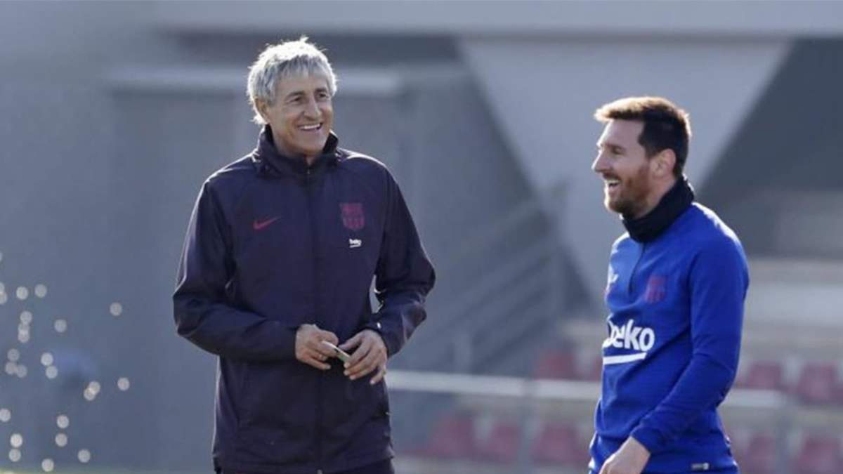 Quique Setién y Lionel Messi. Fuente: (Twitter).