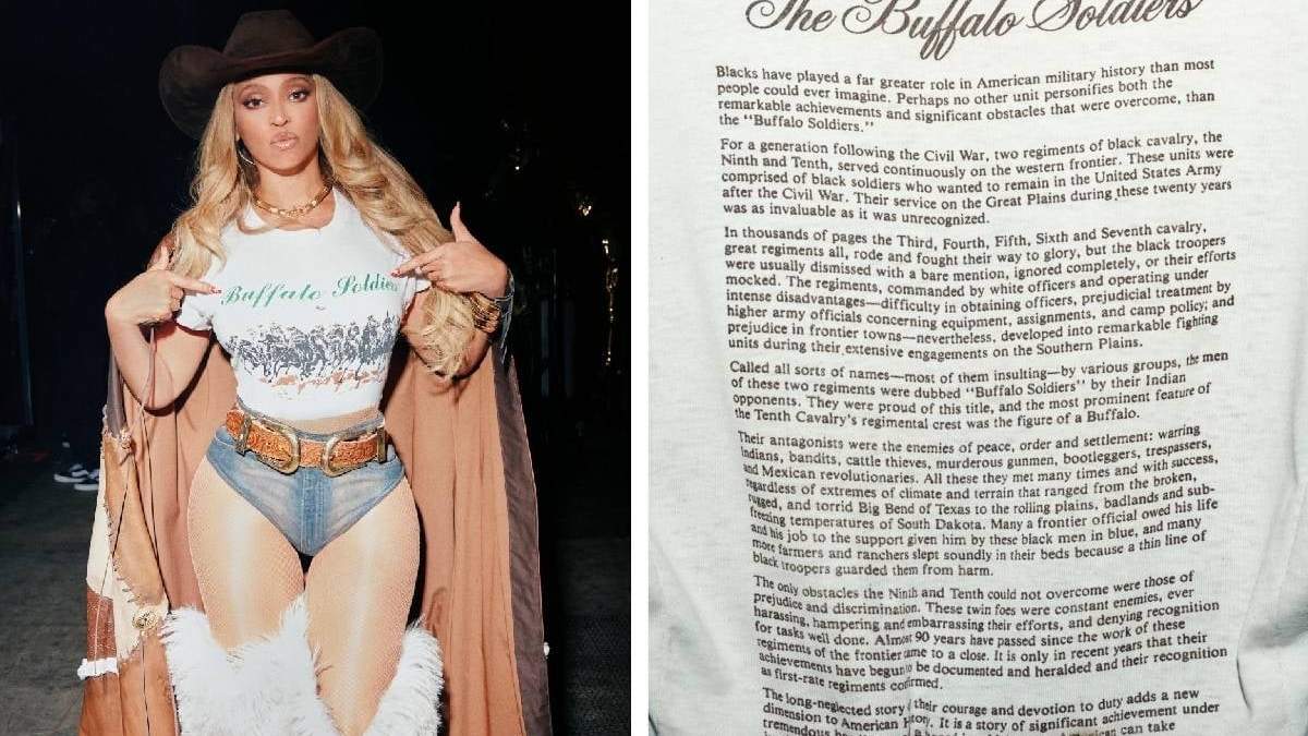 La cantante estadunidense Beyoncé, con una camiseta de los Soldados Buffalo y el mensaje donde describe a nativos americanos y revolucionarios mexicanos como "enemigos de la paz