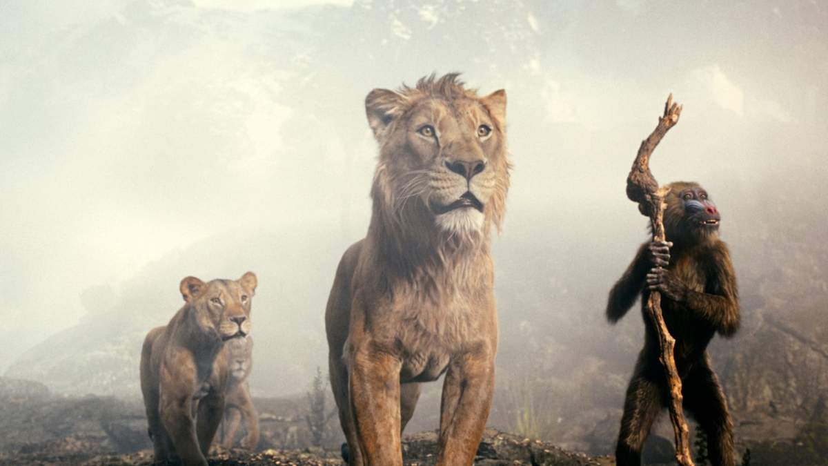 Esta imagen muestra a los personajes Afia, con la voz de Anika Noni Rose, izquierda, Mufasa, con la voz de Braelyn Rankins, en el centro, y Masego, con la voz de Keith David