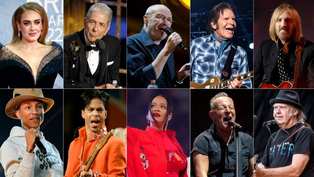Adele, Leonard Cohen, Phil Collins, John Fogerty y Tom Petty, fila inferior de izq. a der Pharrell, Prince, Rihanna, Bruce Springsteen y Neil Young