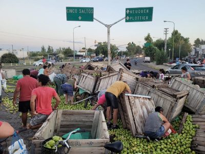 Un camión con peras volcó en la Ruta 7 y los vecinos se agolparon para juntar bolsas