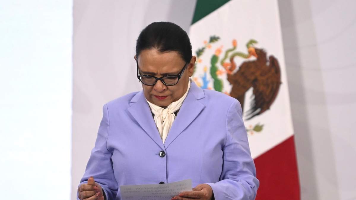 La secretaria de Gobernación, Rosa Icela Rodríguez, en la conferencia matutina de Palacio Nacional, el viernes 17 de abril 2026