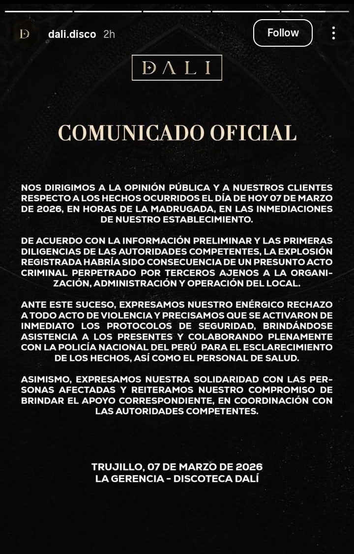 Pronunciamiento de la Disco Dalí, después de un atentado con explosivos
