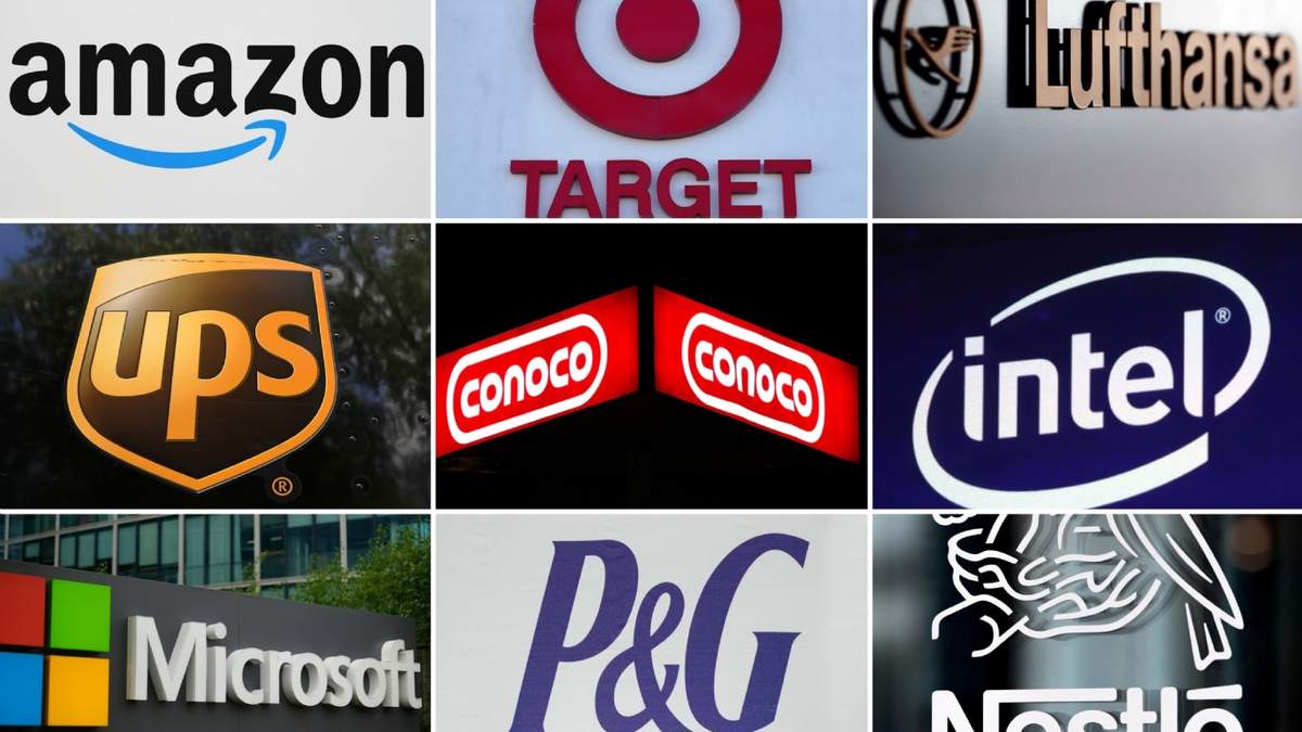Combinación de fotos de los logos de las empresas Amazon, Target, Lufthansa Group, UPS, ConocoPhillips, Intel, Microsoft, Procter & Gamble y Nestlé