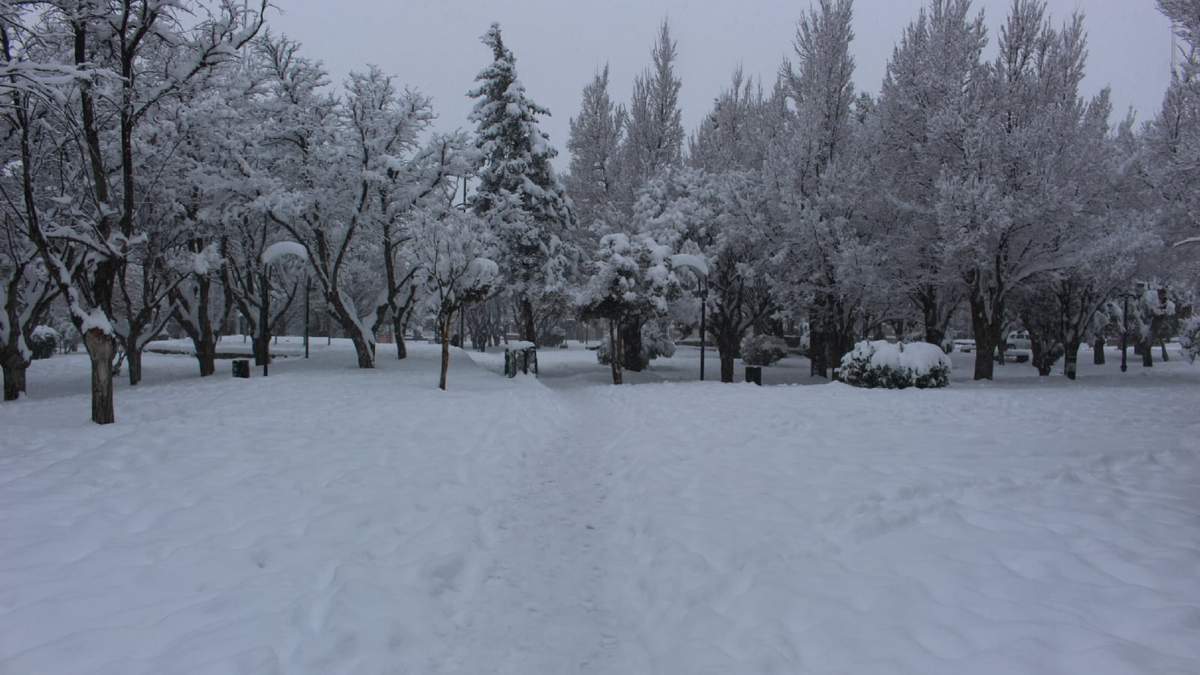 Plaza de los Próceres de Zapala cubierta de nieve. Fuente: (Daniel Signorile).