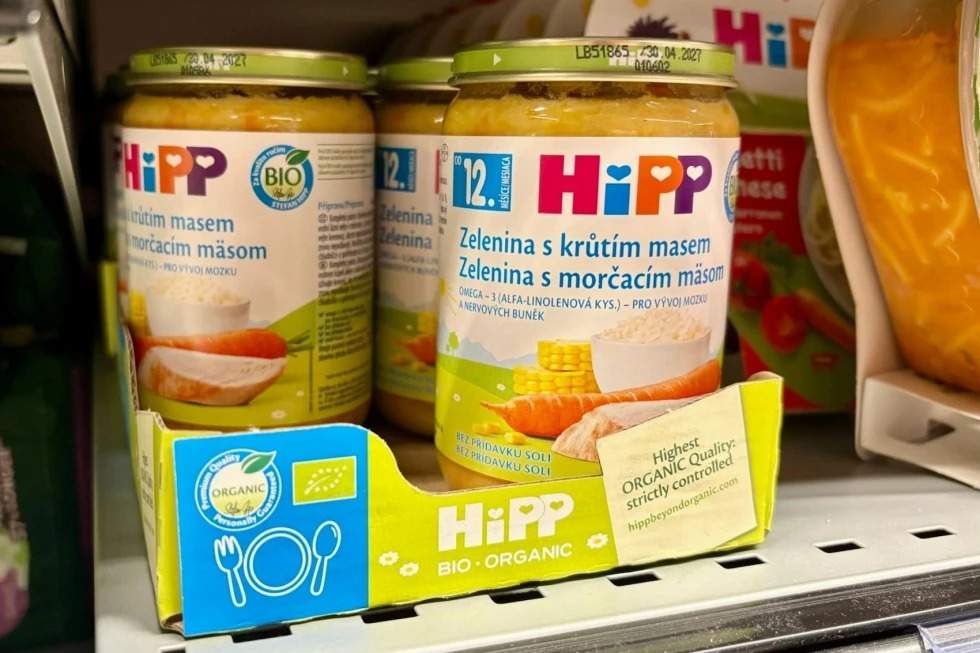 Vista de la comida para bebés HIPP en un estante, en Ceske Budejovice, República Checa, el domingo 19 de abril de 2026.
