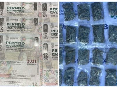 Detienen a dos con mariguana y 200 permisos provisionales de circulación