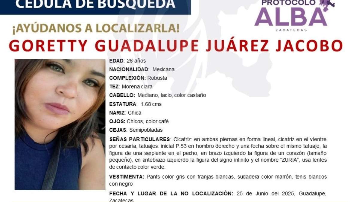 Goretty Guadalupe Juárez Jacobo fue reportada como no localizada en junio de 2025