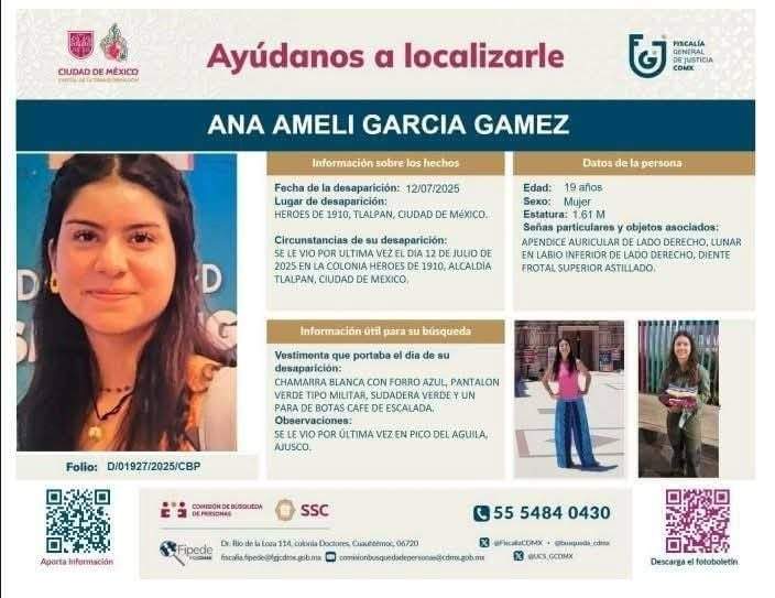 Continúa búsqueda de Ana Ameli, estudiante de la UNAM que desapareció en el Ajusco