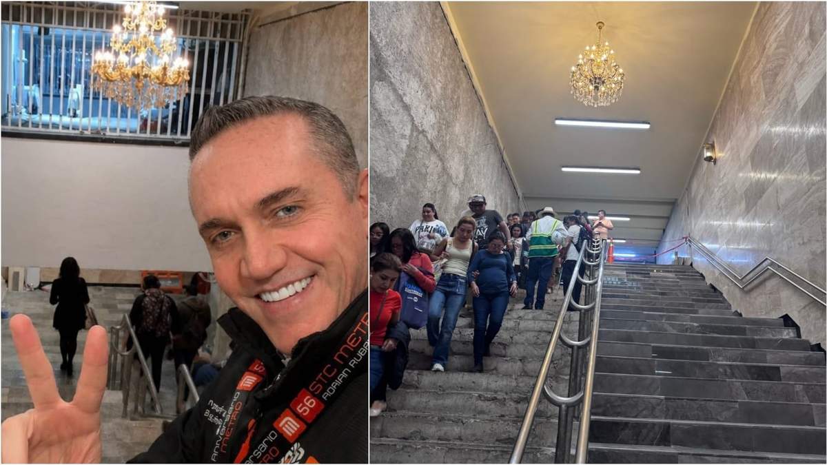 El director del Metro de la CDMX, Adrián Rubalcava en una imagen con IA de la estación Hidalgo y otro ángulo de las escaleras de esa misma estación