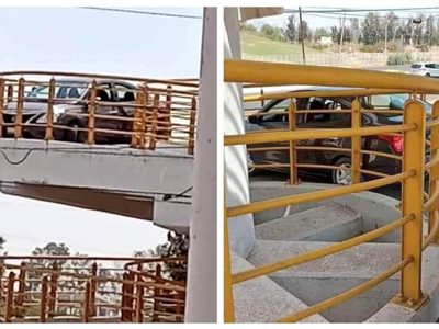 Intenta cruzar un puente peatonal con todo y auto, y se queda atorado