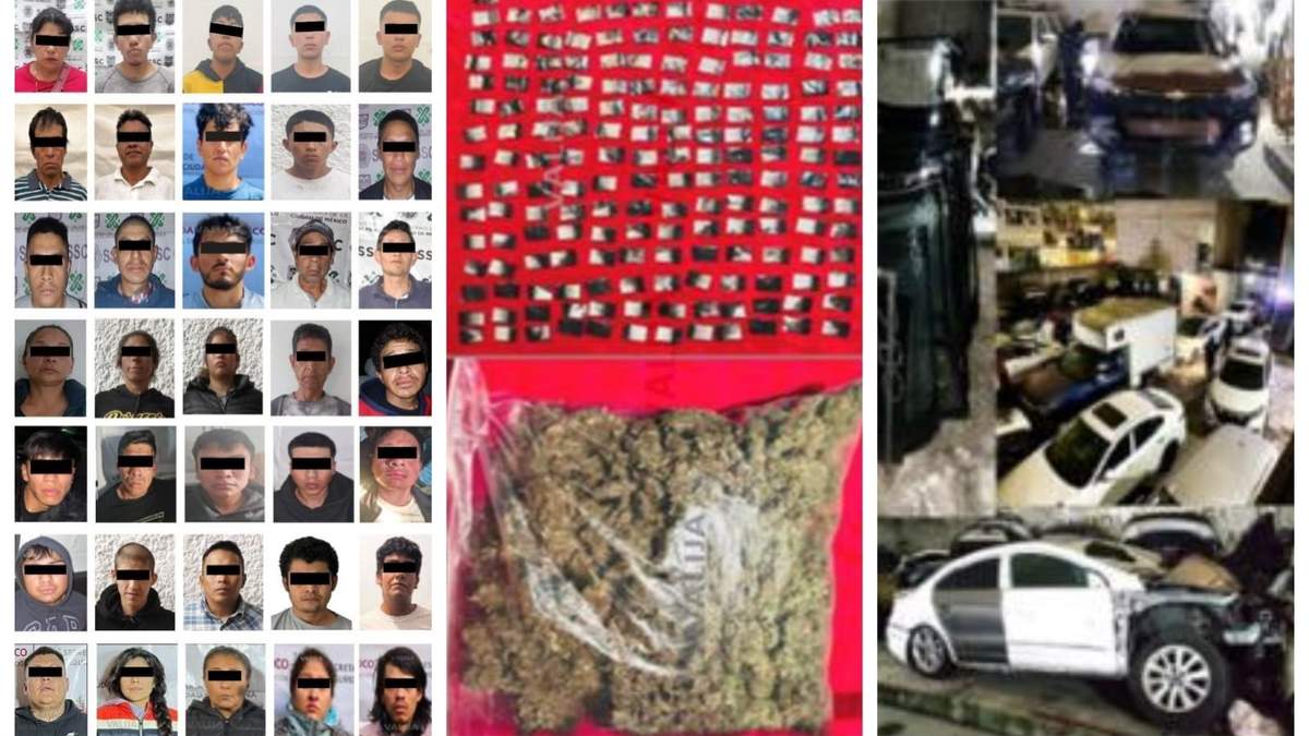 Algunos de los detenidos, parte de la droga decomisada y de las autopartes localizadas