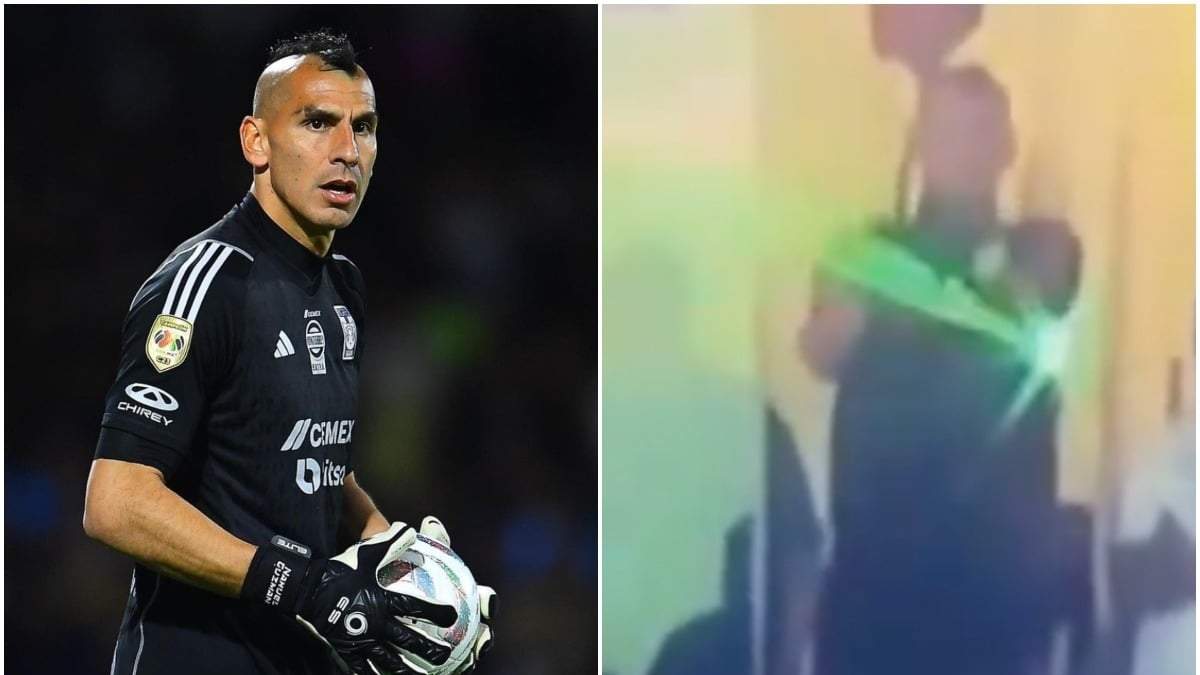 Nahuel Guzmán disparando un láser
