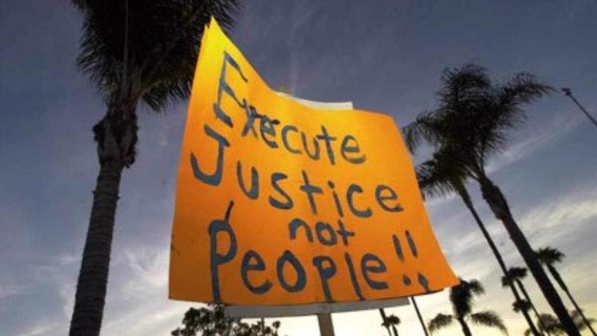 Pancarta en contra de la pena de muerte en Estados Unidos