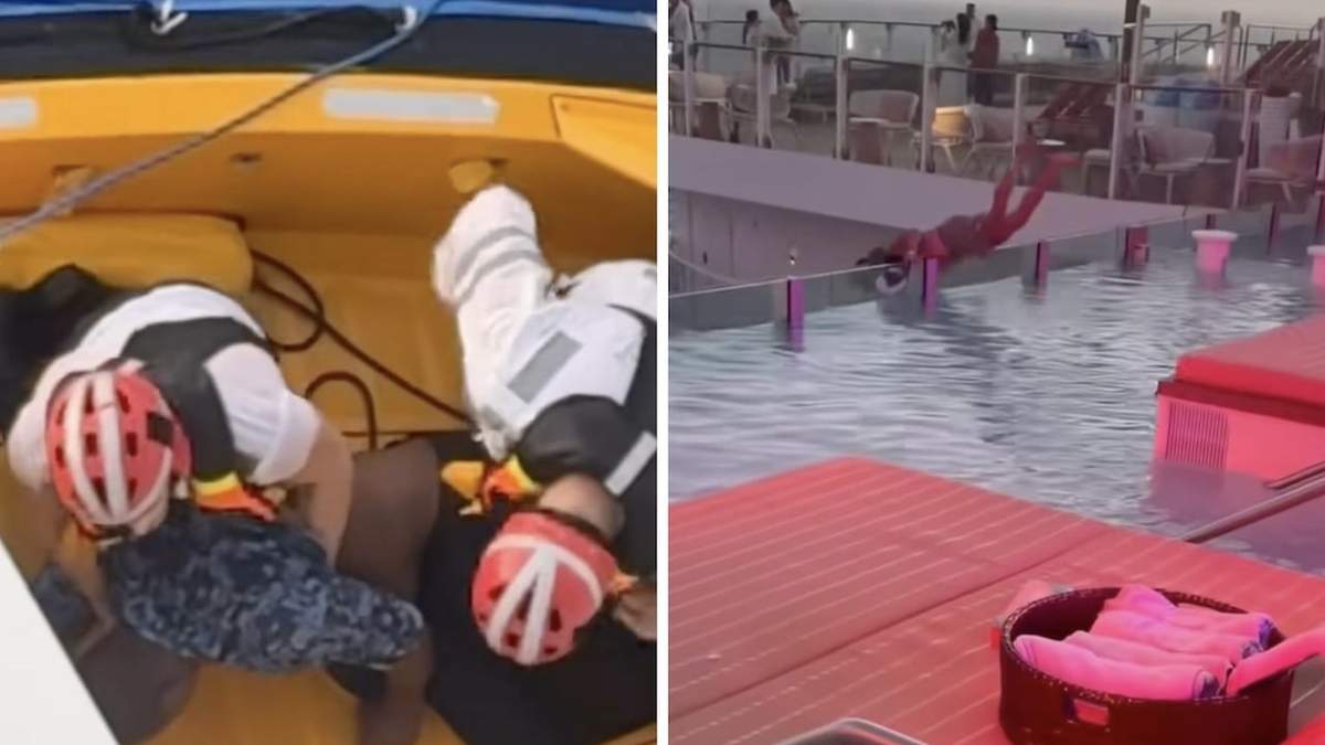 El momento del rescate del cuerpo del tripulante caído en el Icon of the Seas. En la segunda imagen, un pasajero que cae de la orilla de una piscina en el mismo barco