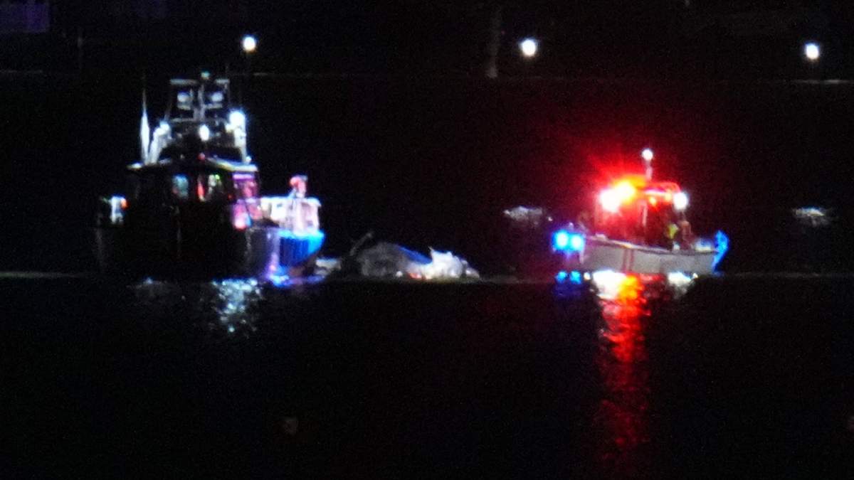 Dos botes trabajan en el sitio donde un avión chocó contra un helicóptero militar sobre el río Potomac cerca del Aeropuerto Nacional Ronald Reagan de Washington, el miércoles 29 de enero de 2025, en Arlington, Virginia