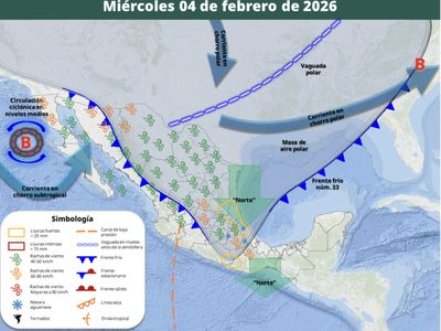 Frente frío 33 azotará el miércoles con lluvias, granizo, nieve, vientos y oleaje a estas entidades