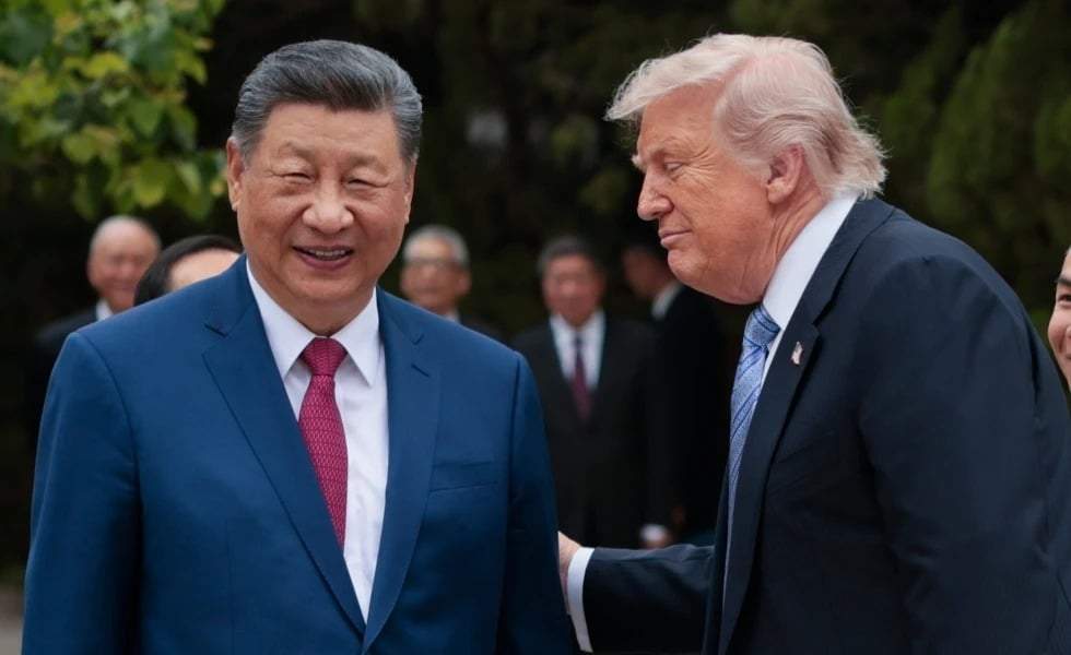 El presidente estadounidense Donald Trump, a la derecha, conversa con el presidente chino Xi Jinping al salir tras una visita al Jardín Zhongnanhai en Pekín, el viernes 15 de mayo de 2026.