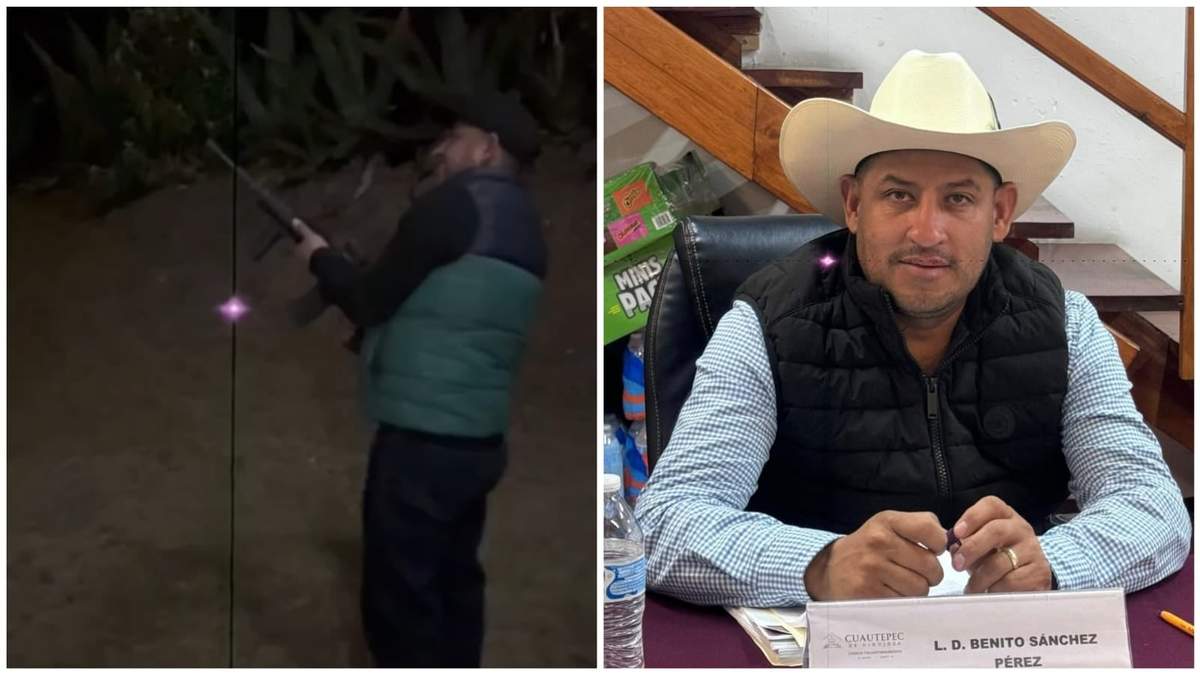 El regidor de Cuautepec de Hinojosa, Benito Sánchez Pérez, en el video en el que se le observa con un arma de alto calibre