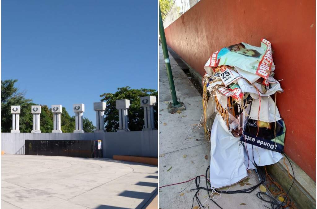 Retiro de lonas de desaparecidos en Rotonda de Personas Ilustres