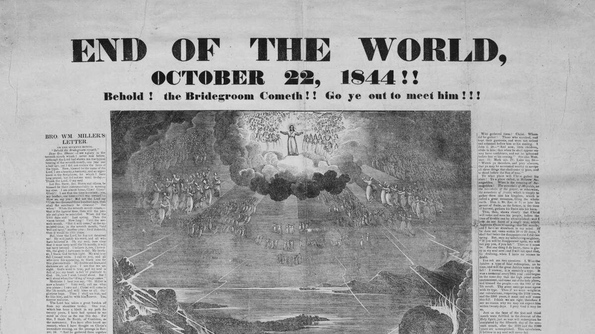 Esta imagen proporcionada por la Biblioteca Digital Adventista muestra parte de un documento del movimiento millerita que circuló el 16 de octubre de 1844 en el área de Boston, con un titular que decía: "¡Fin del mundo, 22 de octubre de 1844!"