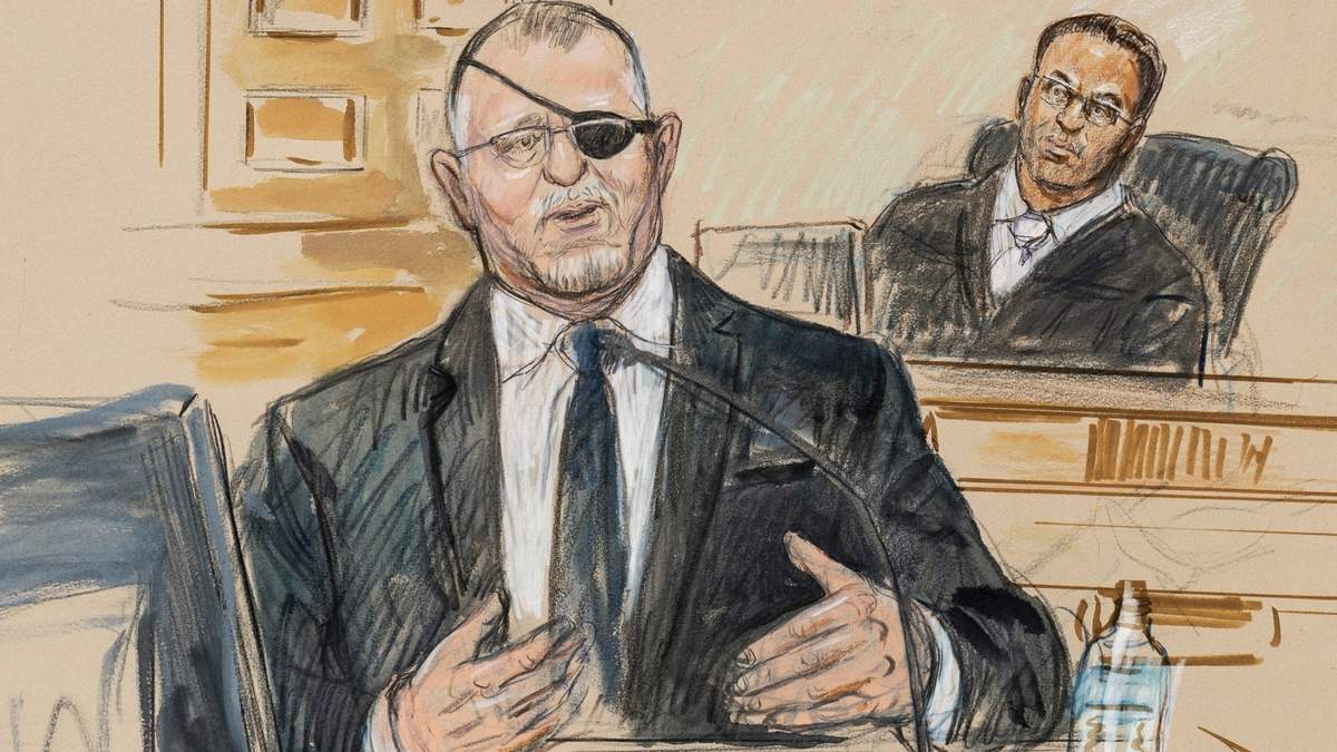 Un dibujo de la corte muestra a Stewart Rhodes durante su declaración ante un juez