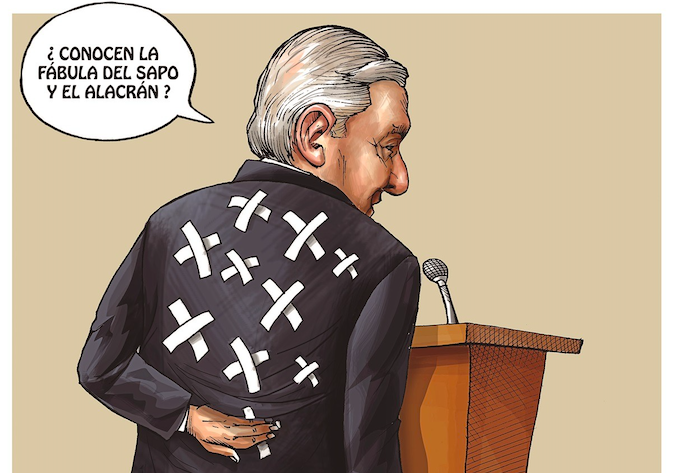 Vista previa de la caricatura "El que con fuego juega...", de José Antonio Rodríguez. Cartón publicado en la edición de febrero de la revista Proceso.