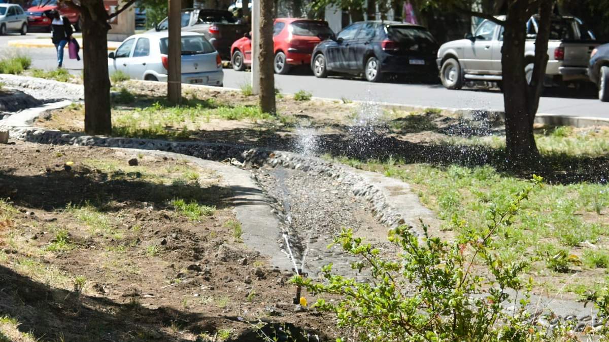 Sistema de riego en la calle Trannack de Zapala. Fuente: (Twitter)
