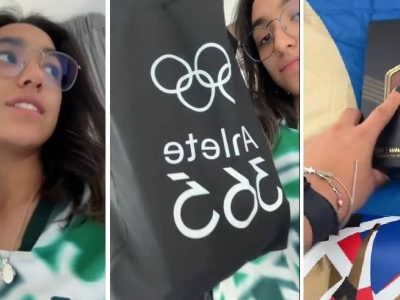 La arquera Ana Paula Vázquez muestra el kit de bienvenida para los atletas en la Villa Olímpica