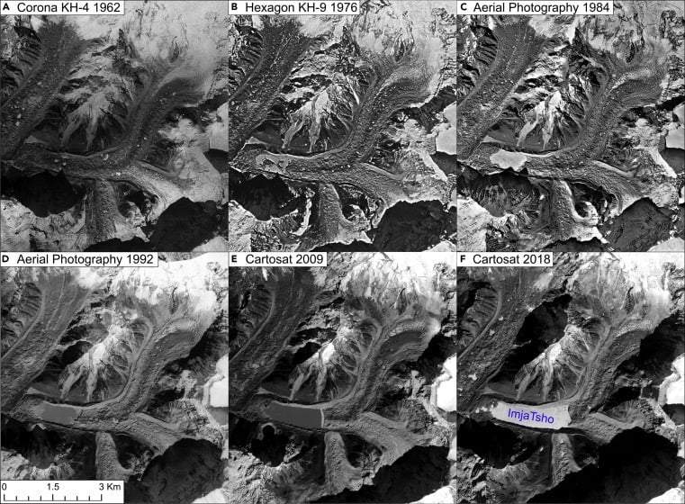 Serie histórica de fotografías satelitales de los glaciares del Everest