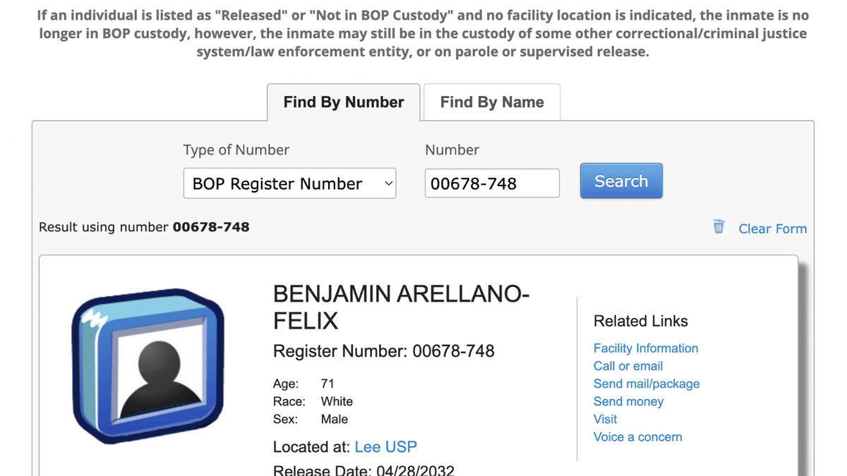 Registro de Benjamín Arellano Félix en el BOP