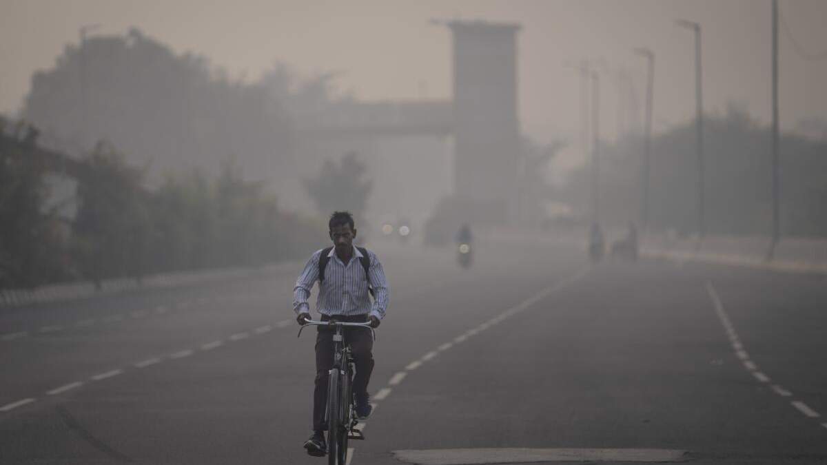 Un ciclista avanza entre una densa mezcla de niebla y contaminación en Nueva Delhi, India