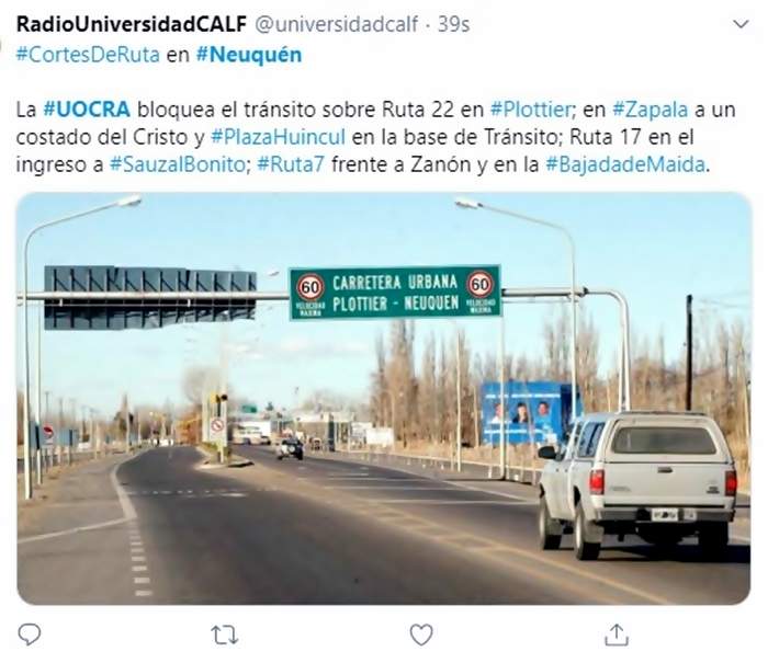 Cortes de Uocra. Fuente: (Twitter)