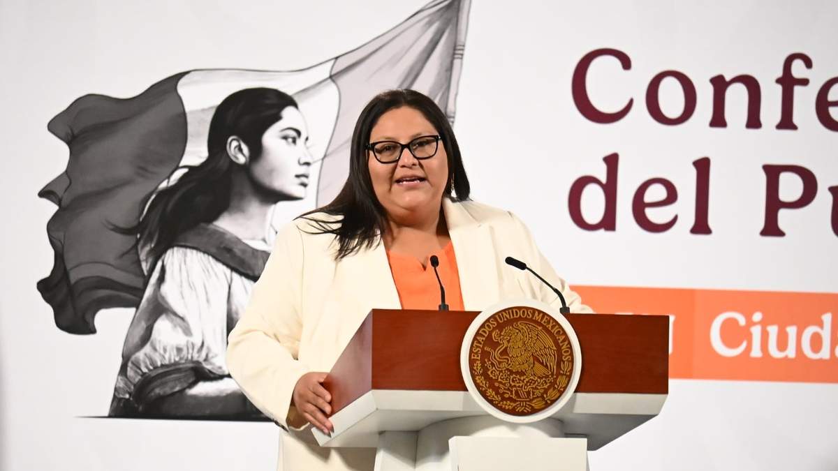 La secretaria de las Mujeres, Citlalli Hernández en una conferencia mañanera en meses anteriores