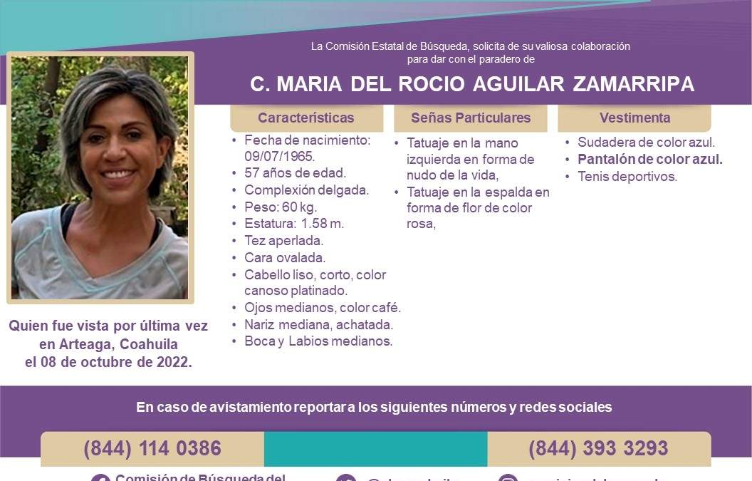 Ficha de búsqueda de la senderista desaparecida en la Sierra de la Martha, Arteaga