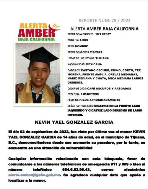 Alerta Amber del menor Kevin de 14 años en Tijuana