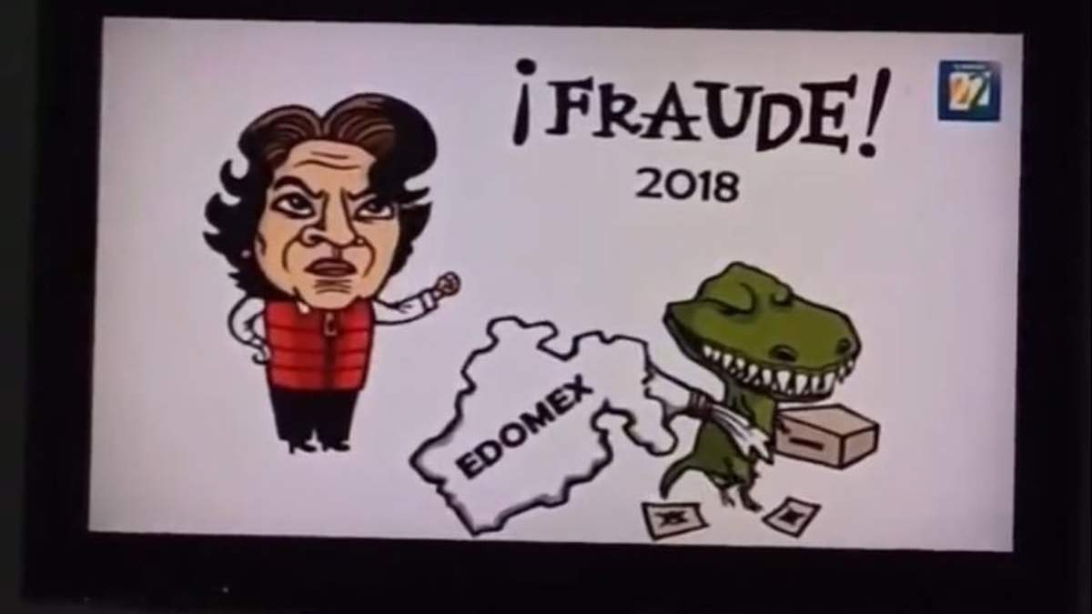 Fragmento del video donde aparece una caricatura de Delfina Gómez en Canal 22