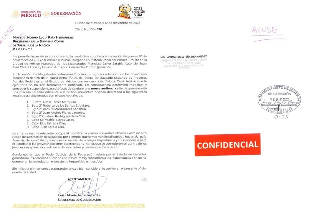 Carta enviada por la Segob a la ministra Sandra Piña para alertar sobre liberación de ocho militares