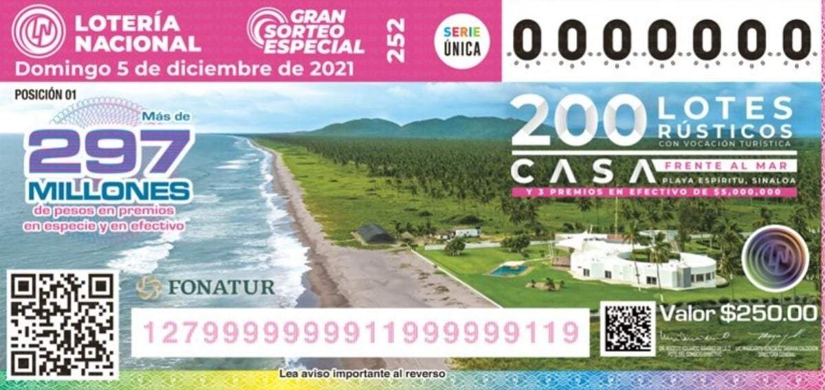 Muestra del boleto 252 de la Lotería Nacional