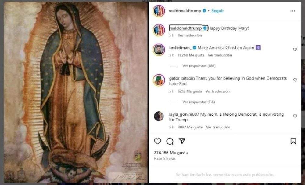 Donald Trump publicó una imagen de la Virgen de Guadalupe en su cuenta de Instagram