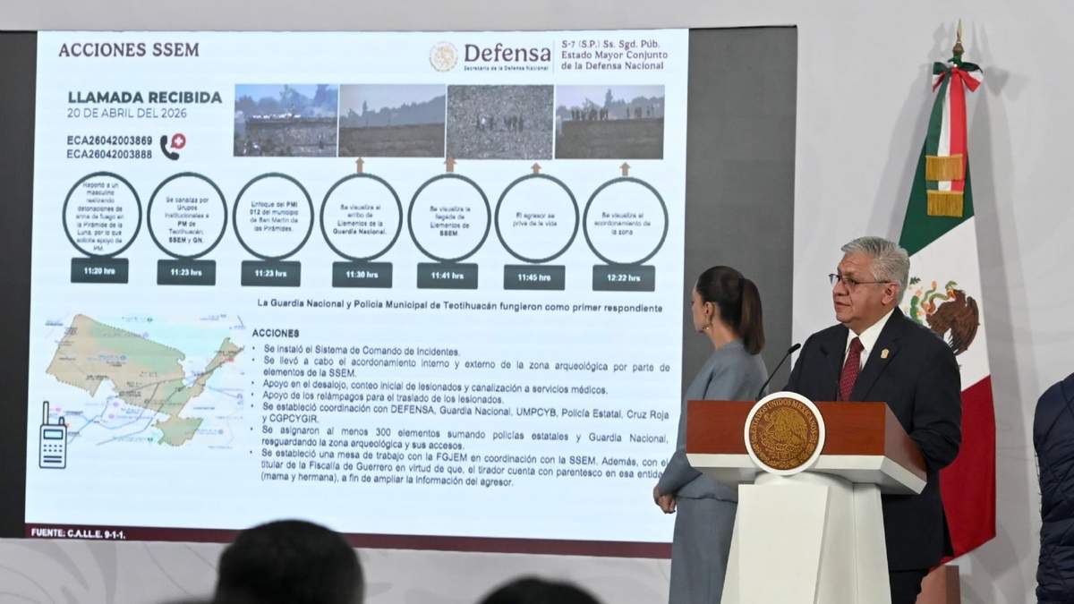 Sheibaum observa la cronología del ataque en Teotihuacán, presentada por Cristóbal Castañeda, secretario de seguridad del Estado de México