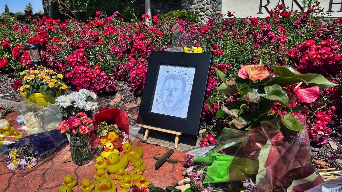 Un altar en honor a Casey Rivara, el hombre que murió atropellado el jueves pasado mientras ayudaba a una pata y sus crías a cruzar la calle