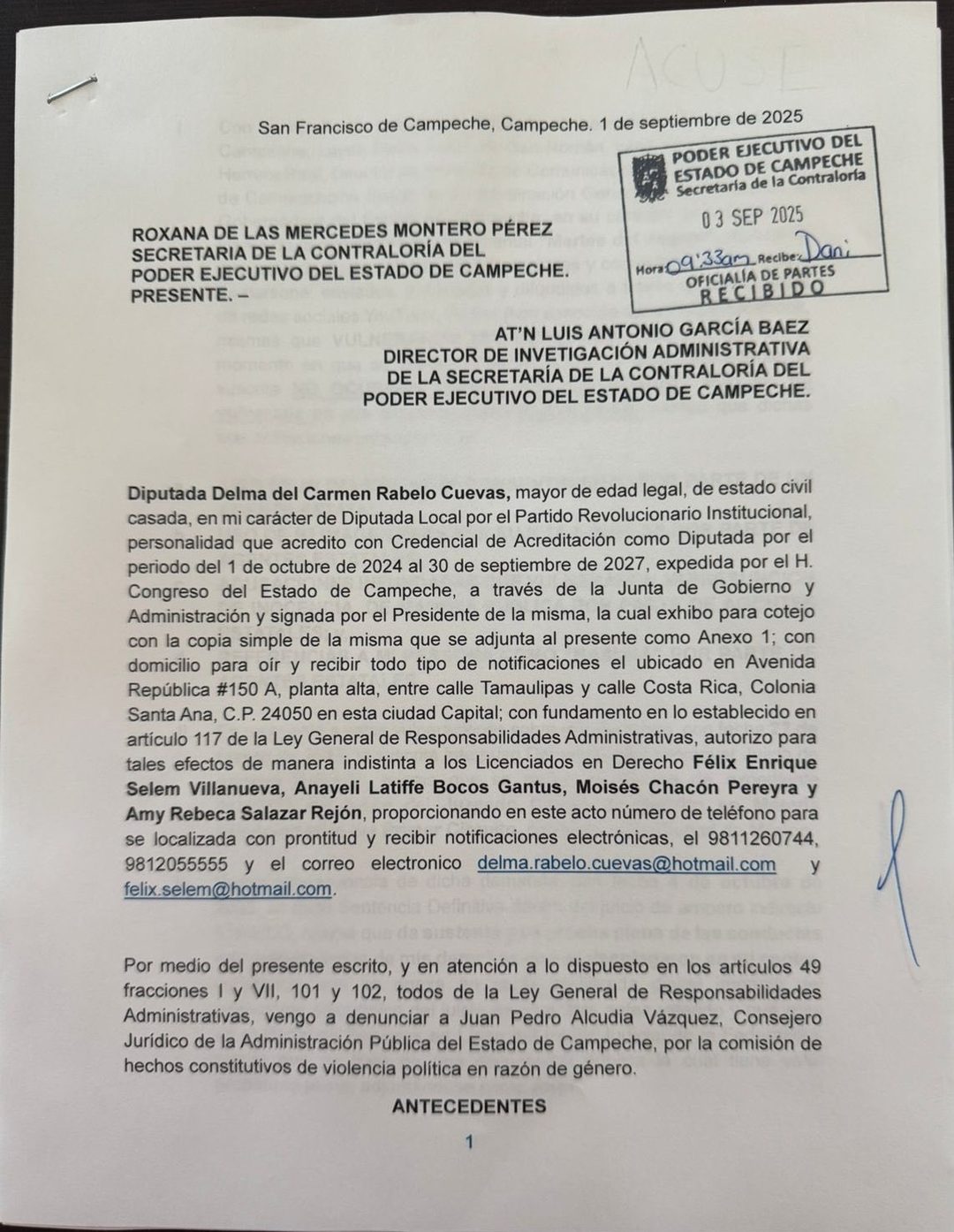 Denuncia de la diputada Delma del Carmen Rabelo contra Pedro Alcudia Vázquez