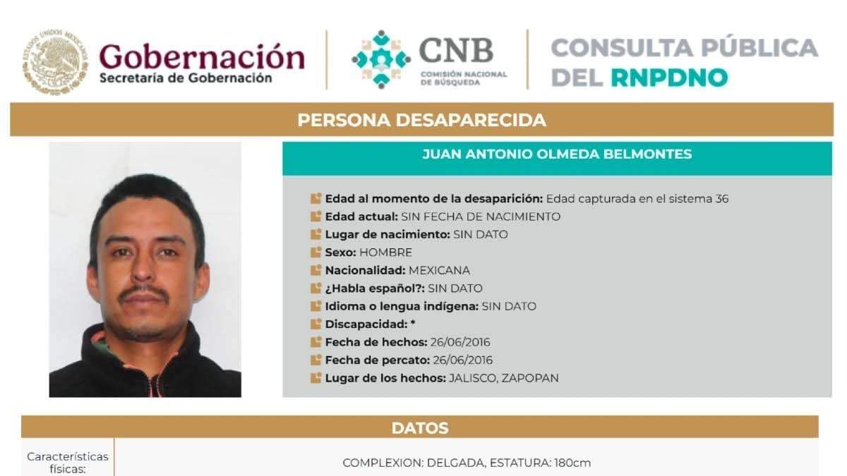 Registro de Juan Alberto Olmeda, Belmontes, desaparecido el 26 de junio de 2016 en Zapopan, ante el RNPDNO
