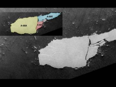 El iceberg colosal A-68A se rompe en pedazos