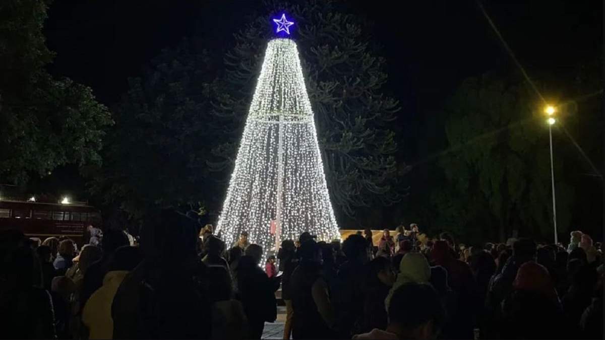 El tradicional pino navideño iluminó la Plaza de San Martín de los Andes. Fuente: (La Montaña)